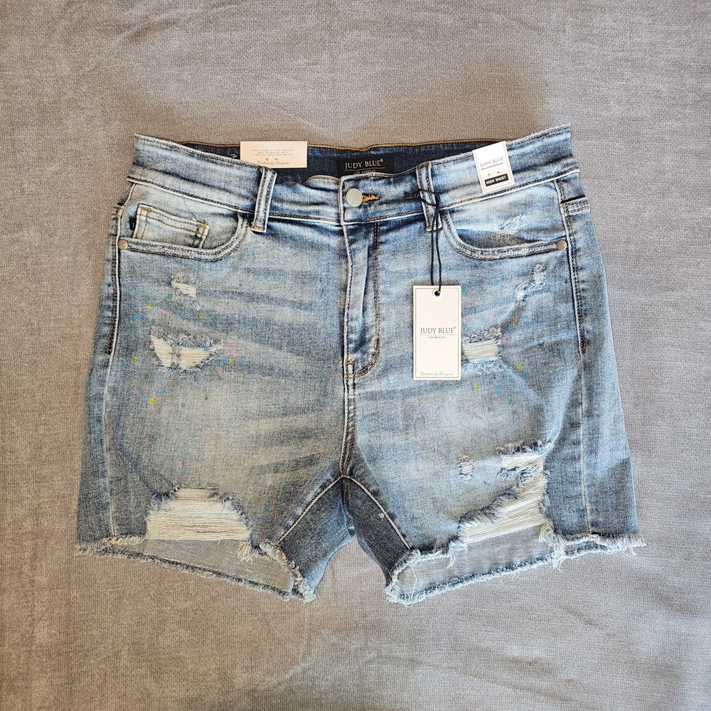 Judy Blue High Waist Paint Splatter Cut Off Jean Shorts Womens XL Distressed
